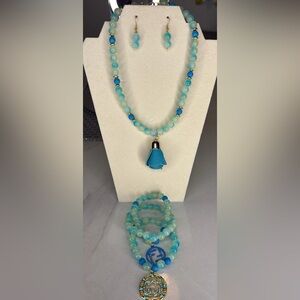 Blue and Aqua Beaded Necklace with Gold-tone Pendant